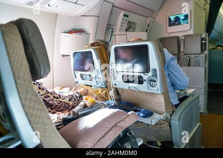 SINGAPORE - CIRCA APRIL, 2019: inside of Singapore Airlines Airlines A350. Stock Photo