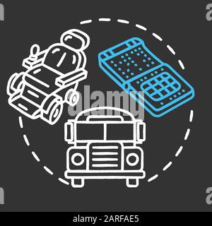 Independent mobility chalk RGB color concept icon. Transportation vehicles for handicapped people. Inclusive environment idea. Vector isolated chalkbo Stock Vector