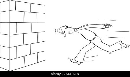 Vector funny comic cartoon drawing of headstrong man or businessman running wall head first. Business concept of confidence,motivation and success. Stock Vector