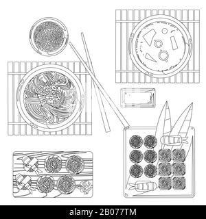 Japanese food vector contour drawing in black and white. Restaurant traditional food sketch illustration Stock Vector