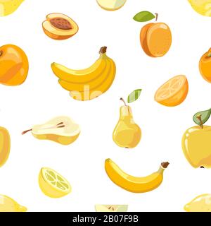 Yellow fruits seamless pattern over white background. Banana pear and orange. Vector illustration Stock Vector