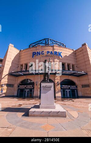 The home plate entrance to PNC Park where the Pittsburgh Pirates play on the north side of city, with the statue of Honus Wagner in front of it Stock Photo