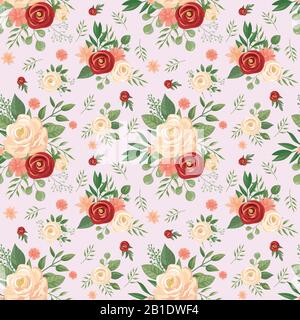 Seamless flowers pattern. Floral print, rose flower buds and roses vector background illustration Stock Vector