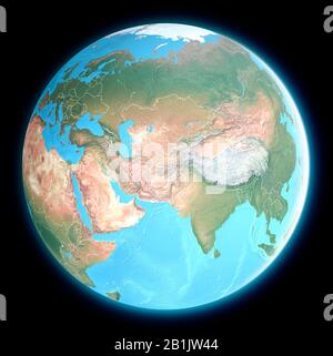 Globe map of Middle east and Asia, satellite view, geographical map, physics. Cartography, relief atlas. 3d render Stock Photo