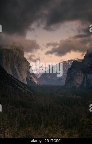 Yosemite Valley from epic Tunnel View in Wawona Road in California, United States. Stock Photo