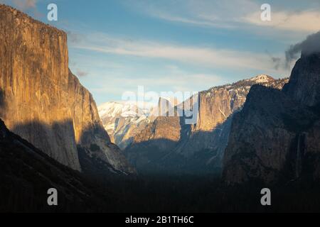 Yosemite Valley from epic Tunnel View in Wawona Road in California, United States. Stock Photo