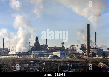 Port Talbot steel works emitting clouds of steam Port Talbot Swansea Glamorgan Wales Stock Photo