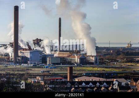 Port Talbot steel works emitting clouds of steam Port Talbot Swansea Glamorgan Wales Stock Photo