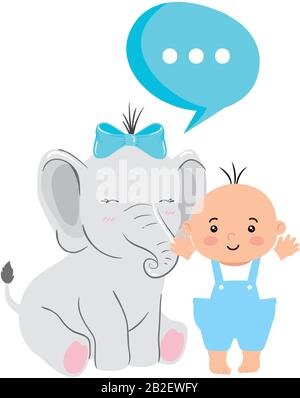 cute baby boy with elephant and speech bubble Stock Vector