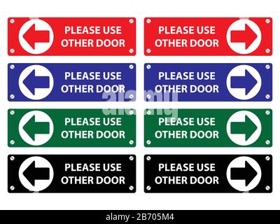 Please use other door sign on green,blue,black background white text and green,blue,black arrow in white circle. vector sign board. Stock Vector