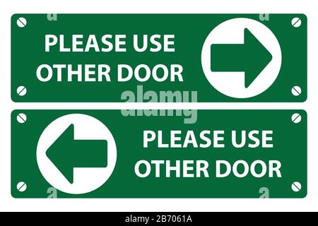 Please use other door sign on green background white text and green arrow in white circle. vector sign board. Stock Vector