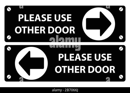 Please use other door sign on black background white text and black arrow in white circle. vector sign board. Stock Vector