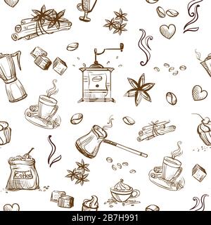 Seamless pattern doodle style coffee theme. Vector hand drawing coffee icons isolated on white background. Coffee illustration elements. Food and drin Stock Vector