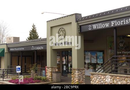 Deep Cove, North Vancouver, Canada - April 1,2020: Dollarton Village Plaza with large variety of shops Stock Photo