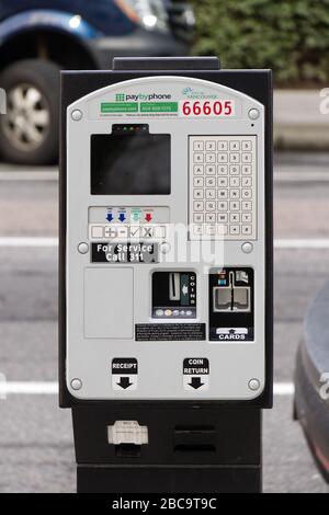 Vancouver, Canada - April 2, 2020: Parking meter on Thurlow Street in Vancouver. Pay by phone available. Stock Photo