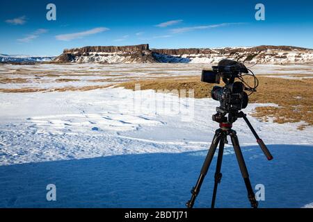 A TV video camera filming the landscape in iceland Stock Photo