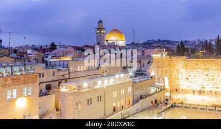 The Temple Mount - Western Wall and the golden Dome of the Rock mosque in the old city of Jerusalem, Israel Stock Photo