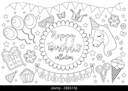 Happy birthday cute coloring book page for kids. Party collection of design elements with balloons, gerland, sweets. Candy and cake. illustration. Stock Photo