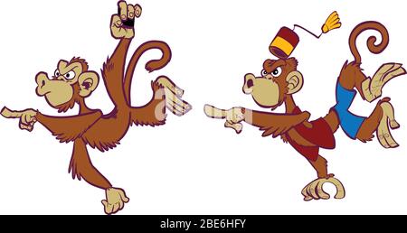 Vector cartoon clip art illustration set of two angry monkey mascots, one wild, one domesticated in costume, one hanging and pointing, one jumping and Stock Vector