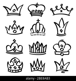 Vector hand drawn princess crowns. Sketch doodle royalty symbols. Royalty sketch crown, queen and king fashionable illustration Stock Vector