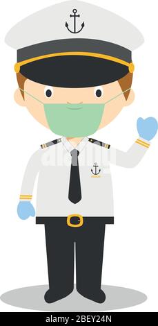 Cute cartoon vector illustration of a sailor with surgical mask and latex gloves as protection against a health emergency Stock Vector