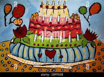 Birthday funny colorful cake for kid, gouache illustration Stock Photo