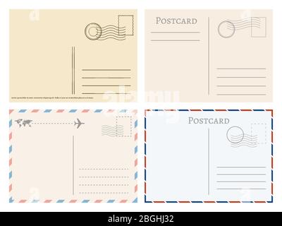 Vintage paper postal cards. Greetings from postcard vector template. Postage card, vintage post stamp, postal postmark for mail illustration Stock Vector