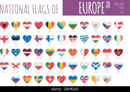 Set of 56 heart shaped flags of the countries of Europe. Icon set Vector Illustration. Stock Vector