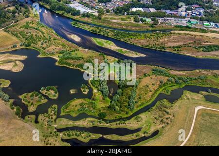 renaturated mouth of Lippe in river Rhine, 01.04.2019, aerial view, Germany, North Rhine-Westphalia, Ruhr Area, Wesel Stock Photo