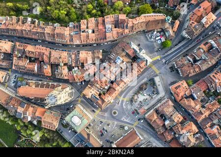 Top down view of the Fribourg medieval old town with its cathedral in Switzerland Stock Photo