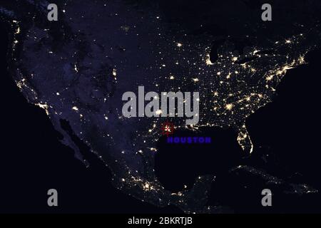 High Resolution Map Composition of USA at night pinpointing Houston, Texas  - Elements of this image furnished by NASA Stock Photo