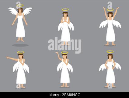 Set of six vector illustration of lady angel wearing long white dress with wings on back and halo above head isolated on grey background. Stock Vector