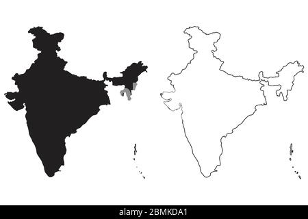 India Country Map. Black silhouette and outline isolated on white background. EPS Vector Stock Vector