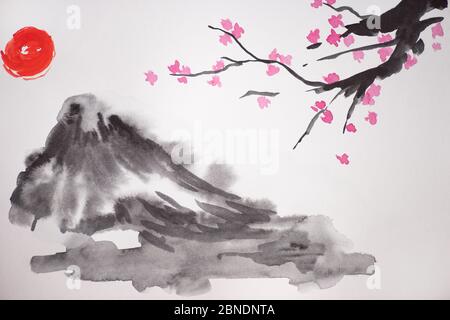 Japanese painting with sun, hill and Sakura branches on white background Stock Photo