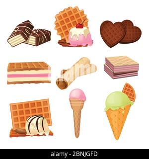 Vector pictures set of vaffel dessert with cream. Illustrations isolate on white Stock Vector