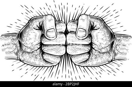 Two Hands Fist Bump Punch Woodcut Fists Stock Vector