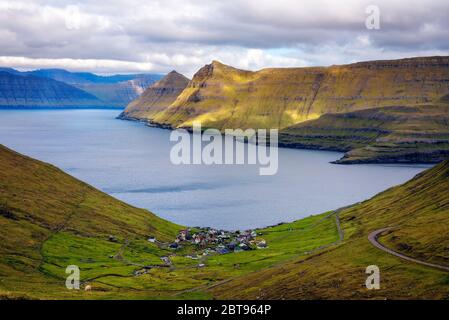 Panorama of mountains around village of Funningur on Faroe Islands Stock Photo