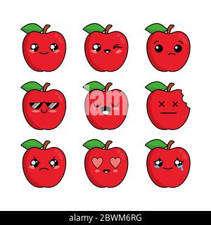 Cartoon Set of Cute Apple Character Design, Apple Icon Illustration Template Vector Stock Photo