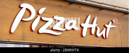 Pizza Hut logo on their restaurant in The Strand. Stock Photo