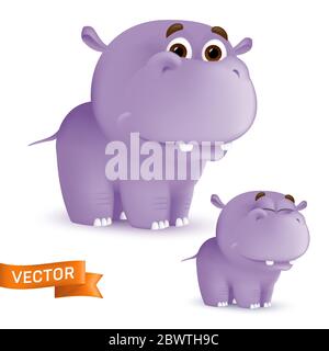 Cute standing and smiling cartoon baby hippo character. Vector illustration of an african wildlife mascot newborn animal isolated on white background Stock Vector