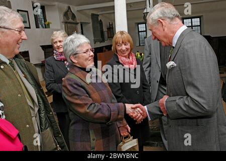 Prince Charles the Prince of Wales visits Maesyronnen Chapel, which is a mile north of Glasbury-on-Wye, Powys, Wales on the 31st of January 2014. Prin Stock Photo