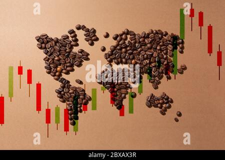 value of coffee in the markets worldwide.World map made with coffee beans on brown background Stock Photo