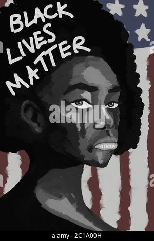 black lives matter banner poster campaign. painting of black people with white tear, black people cry illustration with America flag at background. Stock Photo