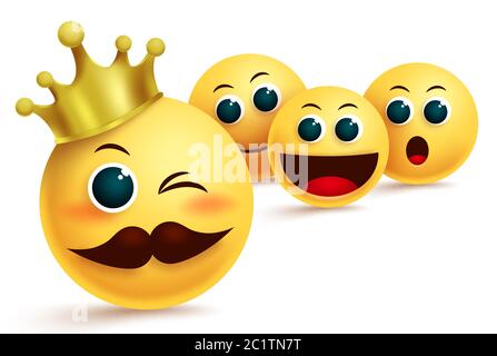 Emoji king admire vector design. Emoji king idol wearing gold crown admire with other emojis in different facial expression for champion & admiration. Stock Vector