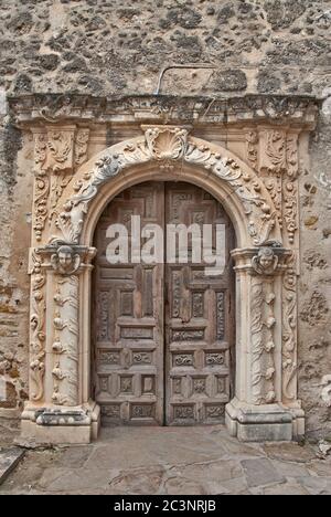 Door to Blessed Sacrament Chapel at Mission San Jose in San Antonio, Texas, USA Stock Photo