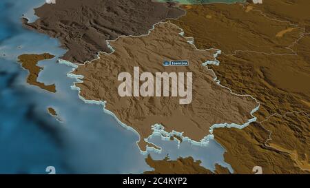 Zoom in on Epirus (decentralized administration of Greece) extruded. Oblique perspective. Colored and bumped map of the administrative division with s Stock Photo