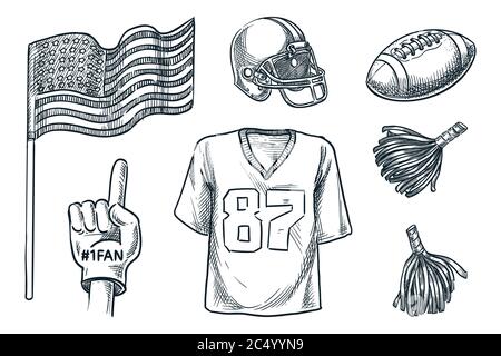 American football cheer lovers accessories set, isolated on white background. Vector hand drawn sketch illustration of sports equipment. Ball, helmet, Stock Vector