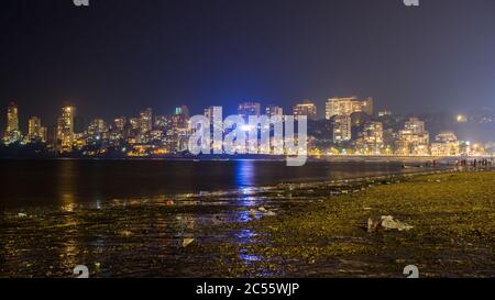 Mumbai night skyline view from Marine Drive in Mumbai, India. Stock Photo