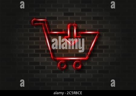 Store, shopping cart with arrow glowing neon sign or glass tube. Realistic illustration. Black brick wall, soft shadow. Stock Photo