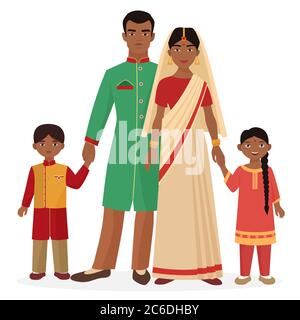 Indian family. Indian man and woman with boy and girl kids in traditional national clothes Stock Vector